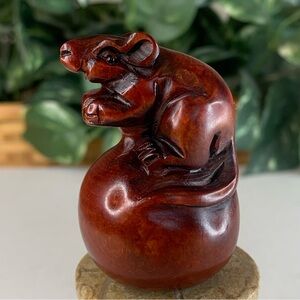 Vintage Hand Carved Boxwood Rat on Ball Netsuke Animal Figurine Wood Carving 2.3